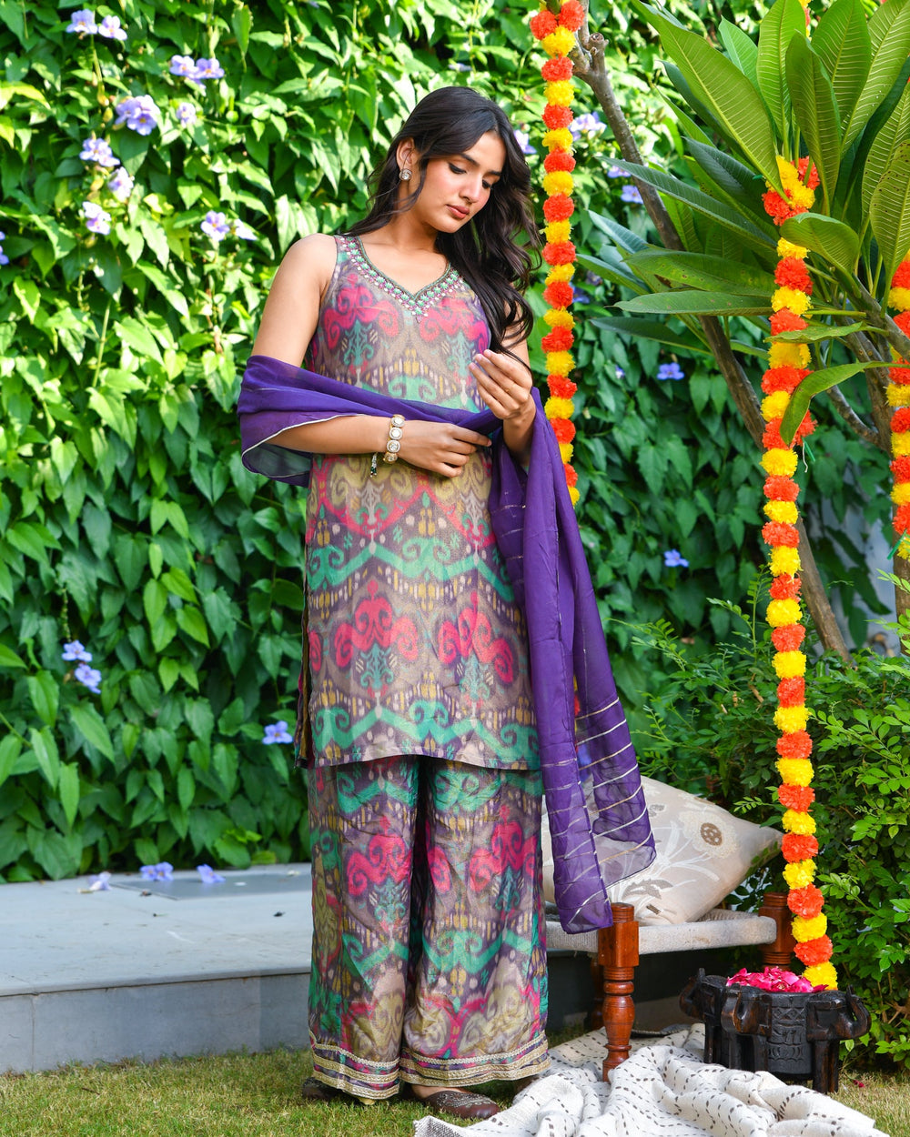 Purple Ikat Tissue Palazzo Suit