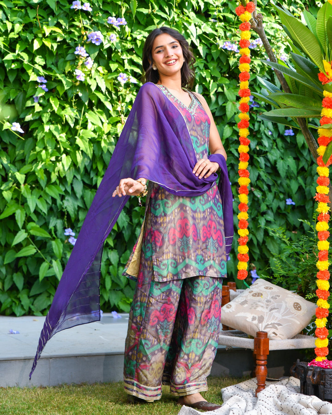 Purple Ikat Tissue Palazzo Suit