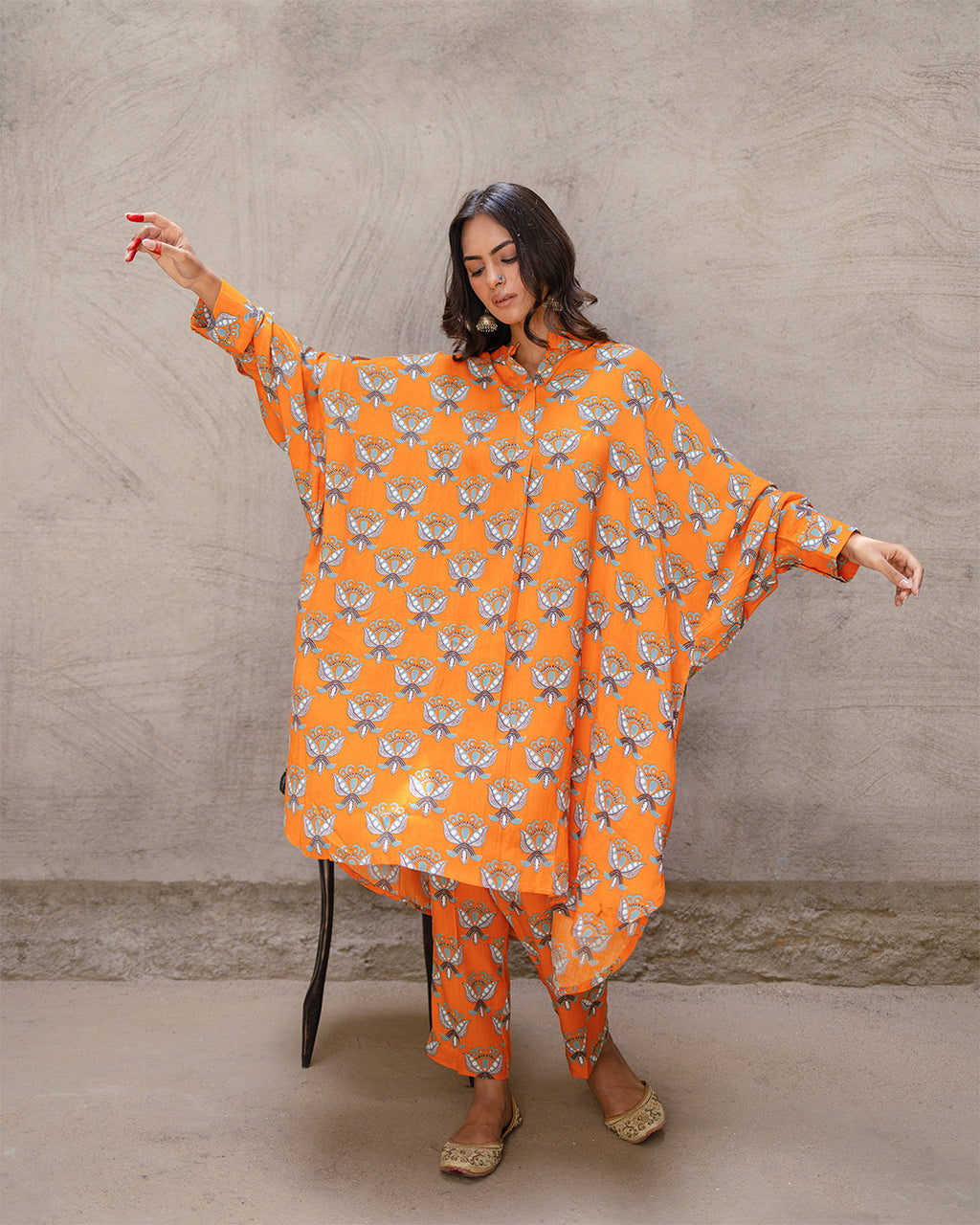 Bright Orange Block Buta Kurta Set