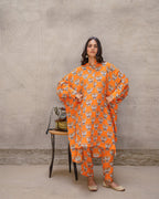Bright Orange Block Buta Kurta Set
