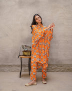 Bright Orange Block Buta Kurta Set