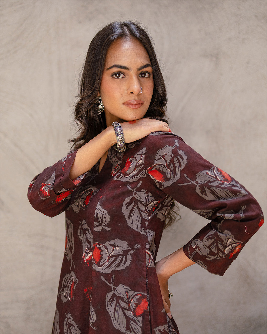 Deep Brown Block Buta Cotton Kurta