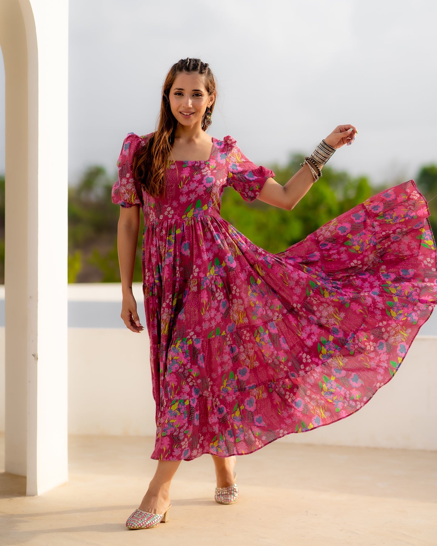 Fuschia Tiered Flared Dress