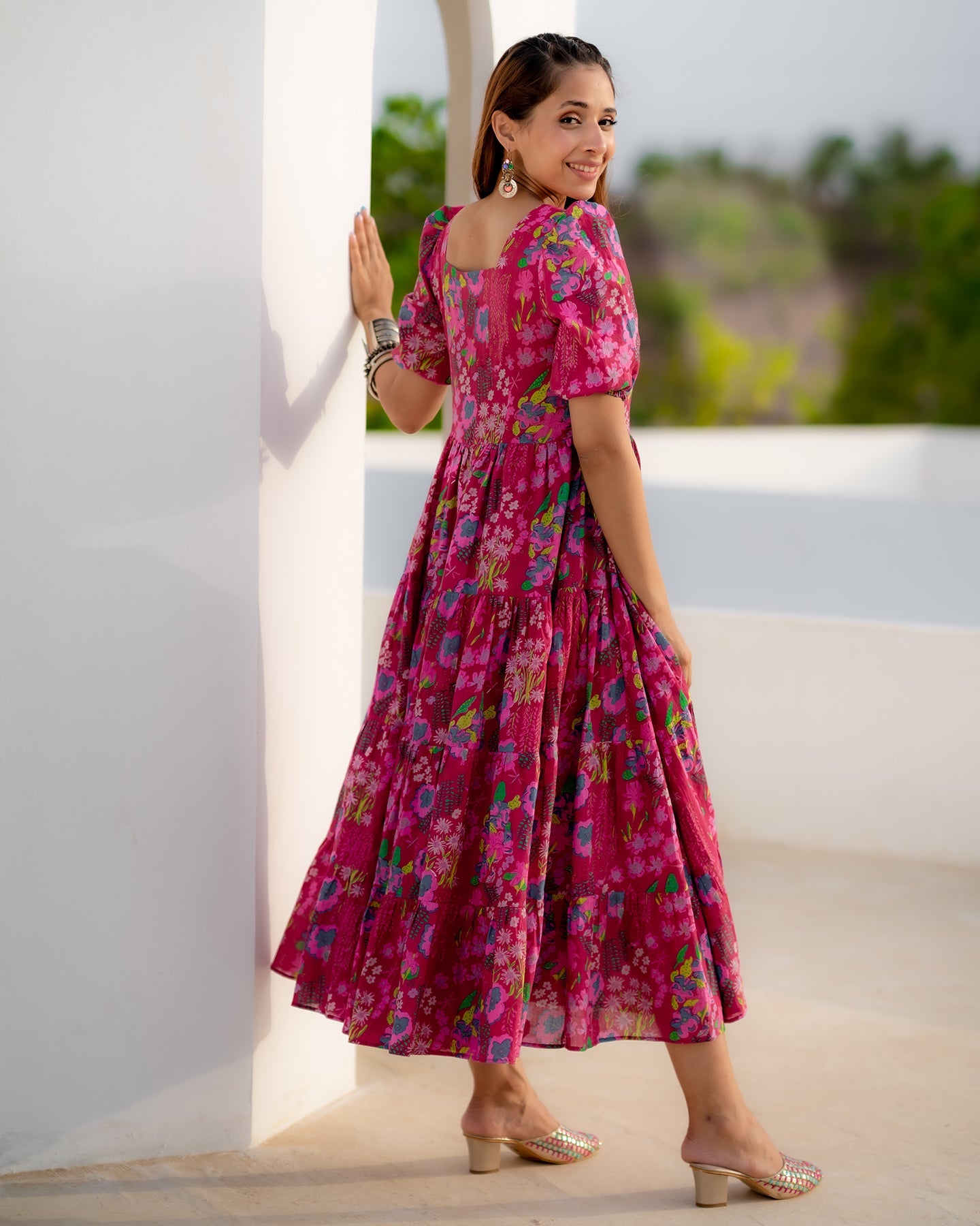 Buy Fuschia Tiered Flared Dress Online in India | Ambraee Ambraee Buy Fuschia Tiered Flared Dress Online in India | Ambraee Ambraee