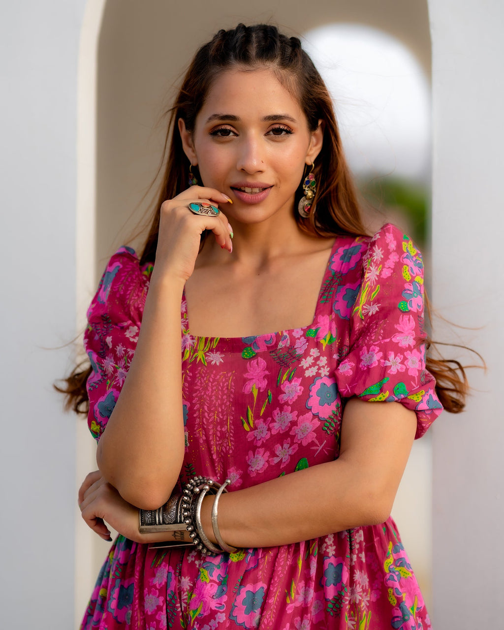 Fuschia Tiered Flared Dress