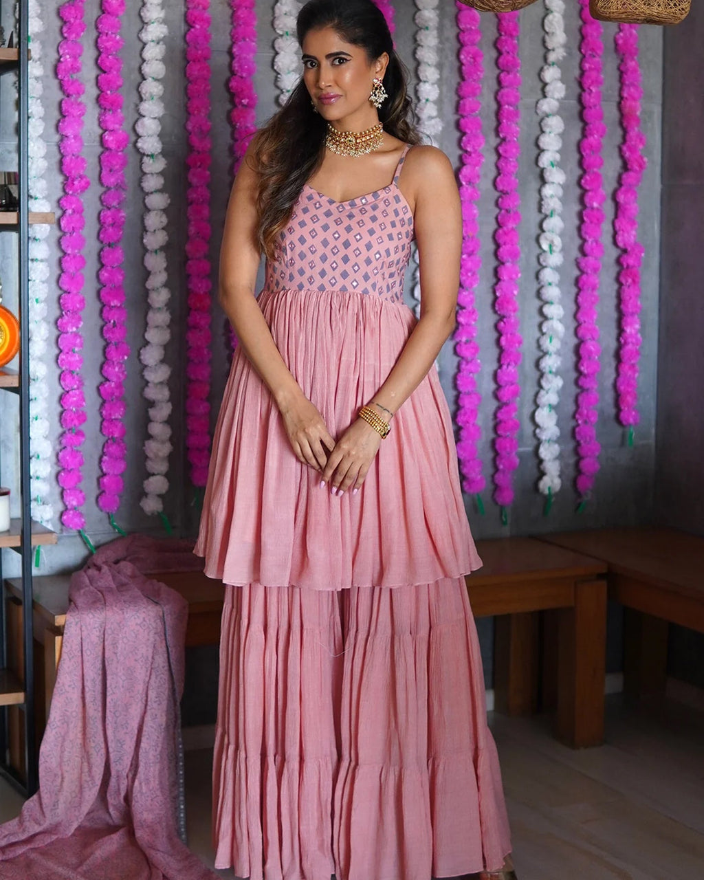 Peach Mirrorwork Sharara