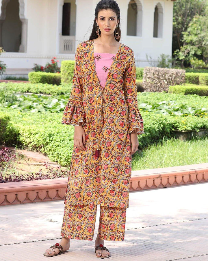Yellow Creeper Cotton Set With Jacket | Ambraee