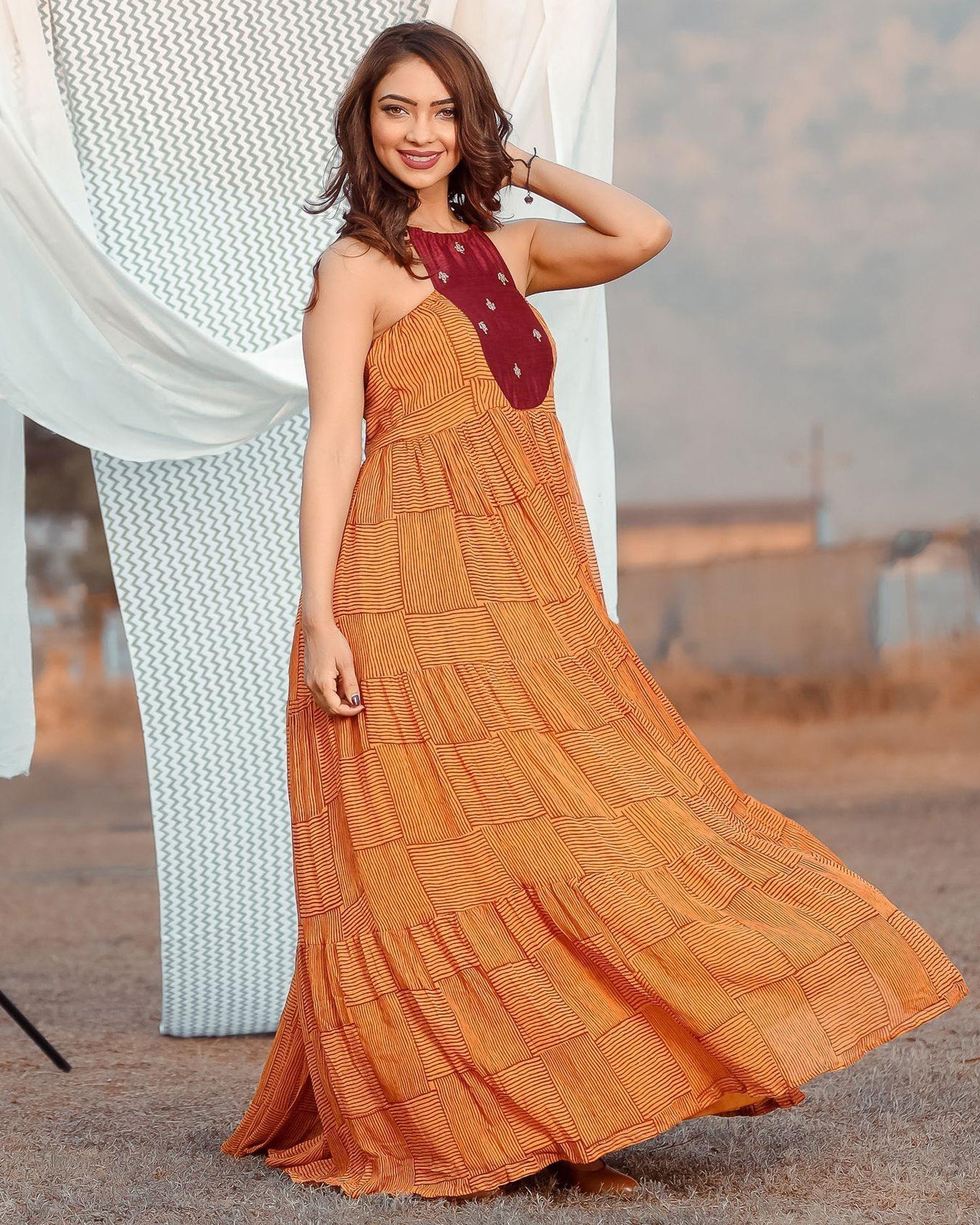 Ambraee Mustard Chiffon Halter Neck Maxi Dress for Women | Hand Embroidered Yoke Tiered Dress