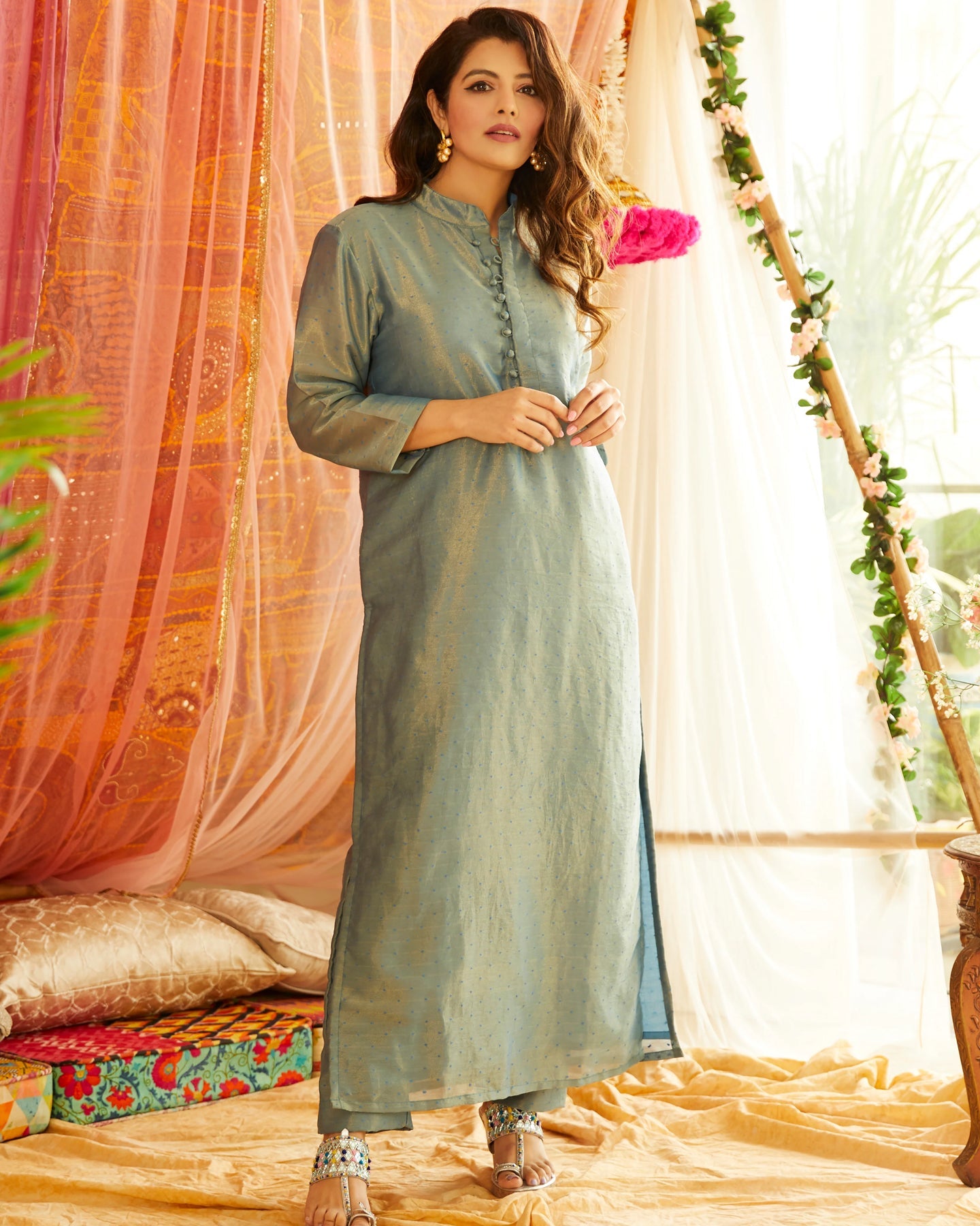 Blue Tissue Kurta Set