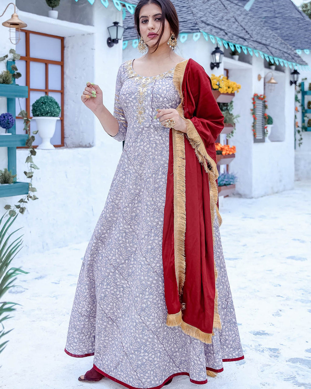 Grey Floor Length Suit Set