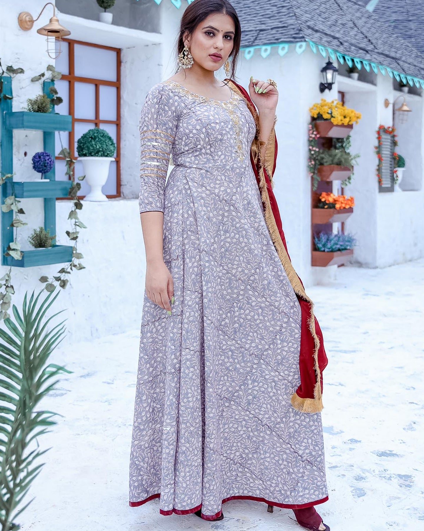 Grey Floor Length Suit Set