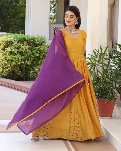 Yellow Mirror Work Anarkali - Priti Sahni - East Boutique