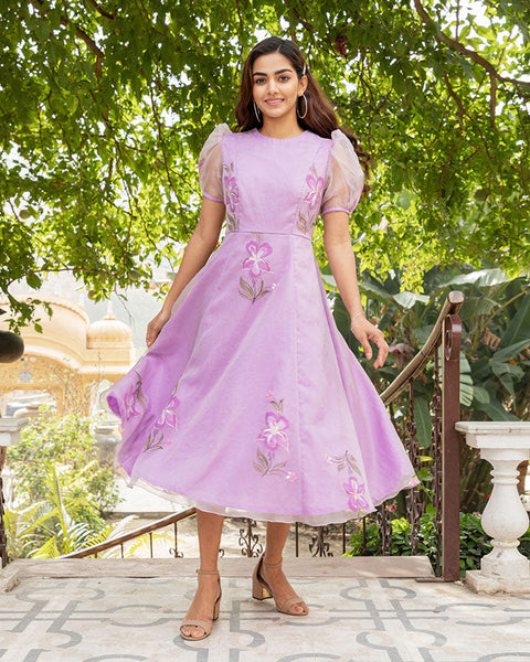Buy Creative Kids Girls White & Purple Floral Print A-line Dress online