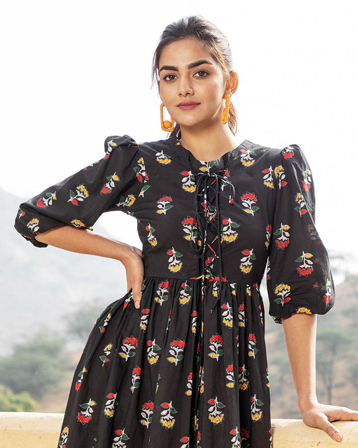 Buy Black Floral Printed Cotton Maxi Dress Online in India Ambraee