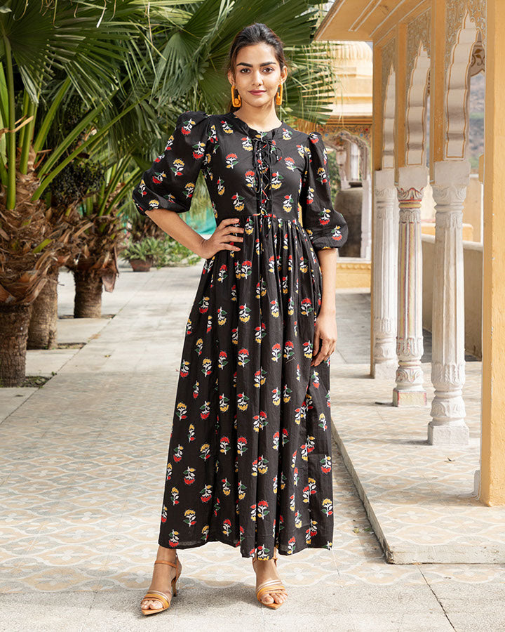 Stylish black maxi dress with delicate floral prints