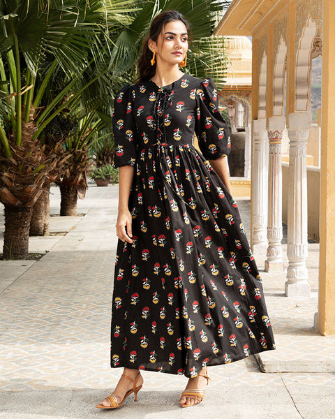 Buy Black Floral Printed Cotton Maxi Dress Online in India