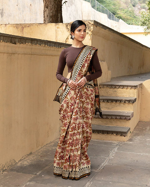 Cherry Red Floral Printed Pre-Stitched Saree Set - Redpine Designs - East  Boutique