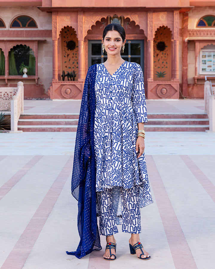 Blue Abstract Muslin Suit Set
