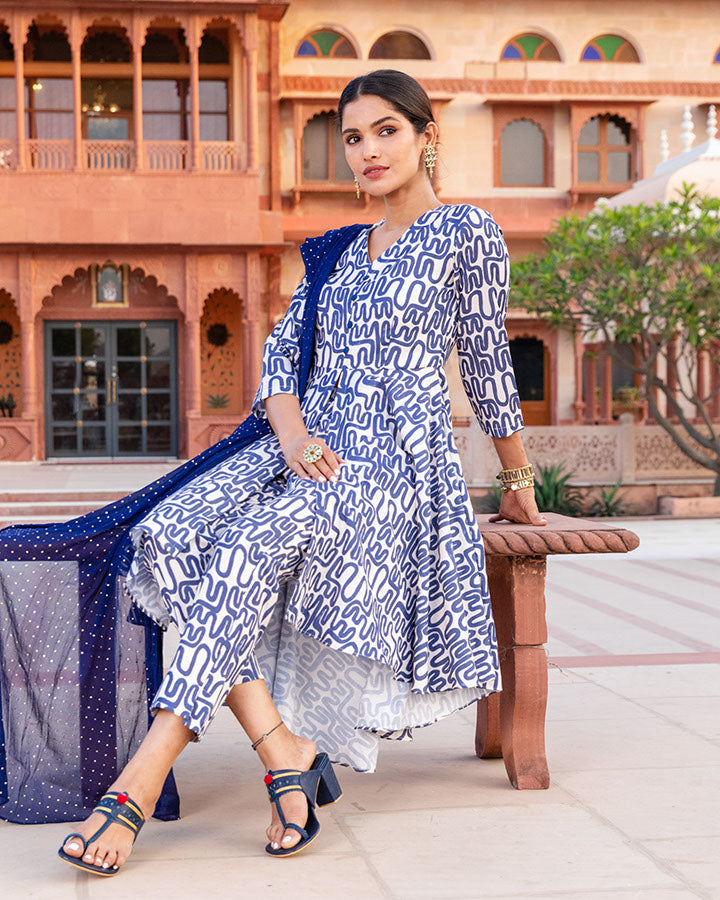 Blue Abstract Muslin Suit Set