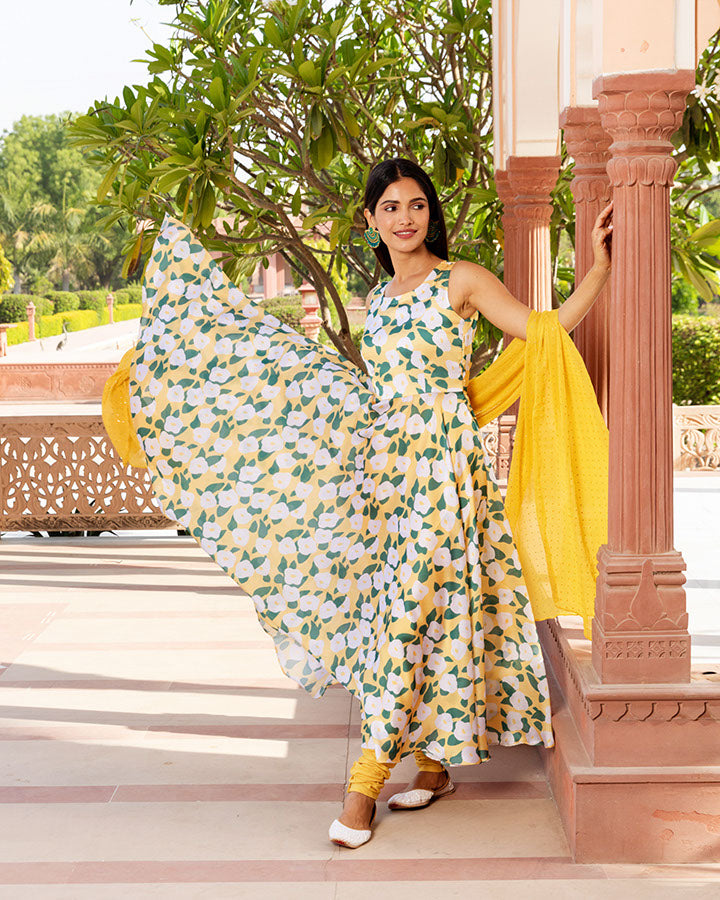 Yellow Floral Abstract Suit Set