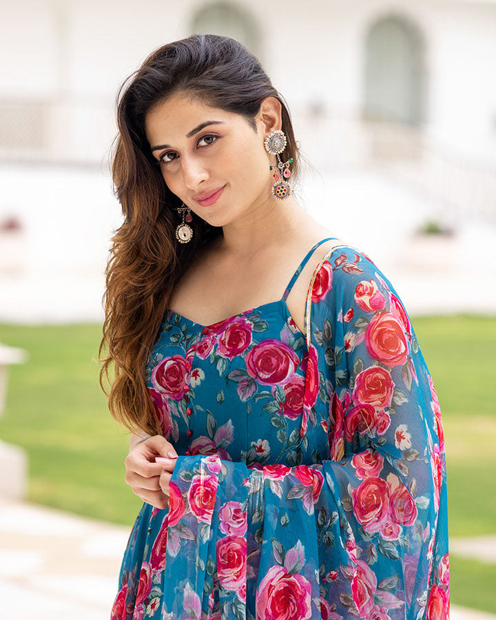 Stylish blue suit set adorned with delicate chiffon florals
