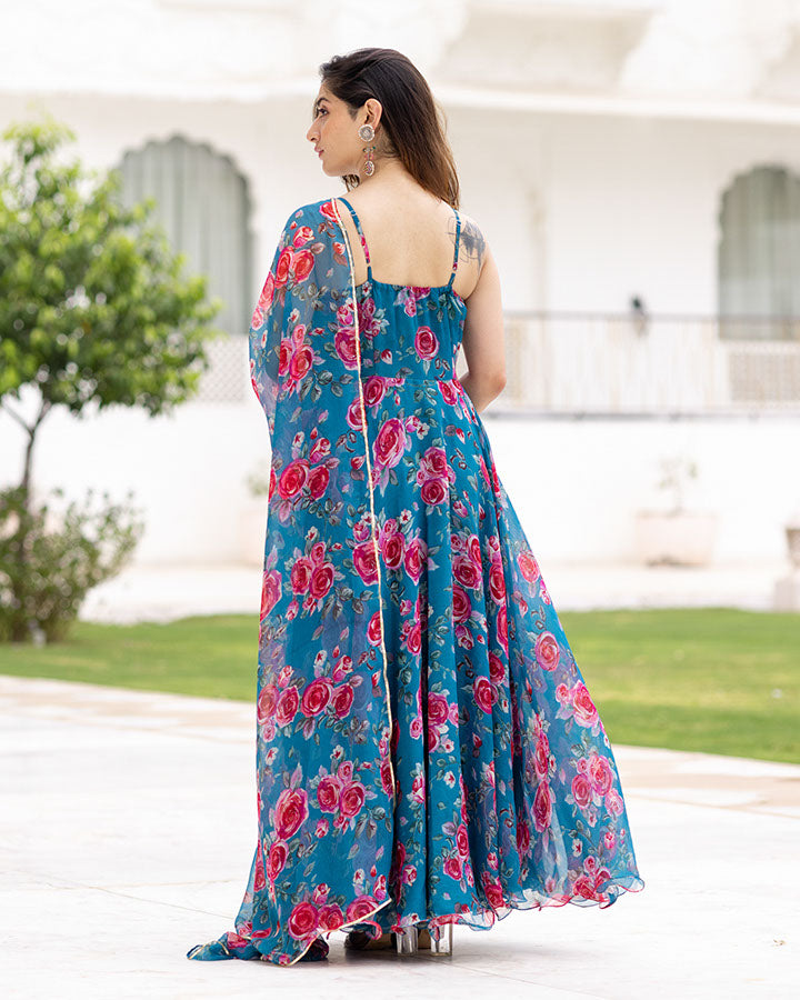 Trendy blue chiffon suit with intricate floral designs