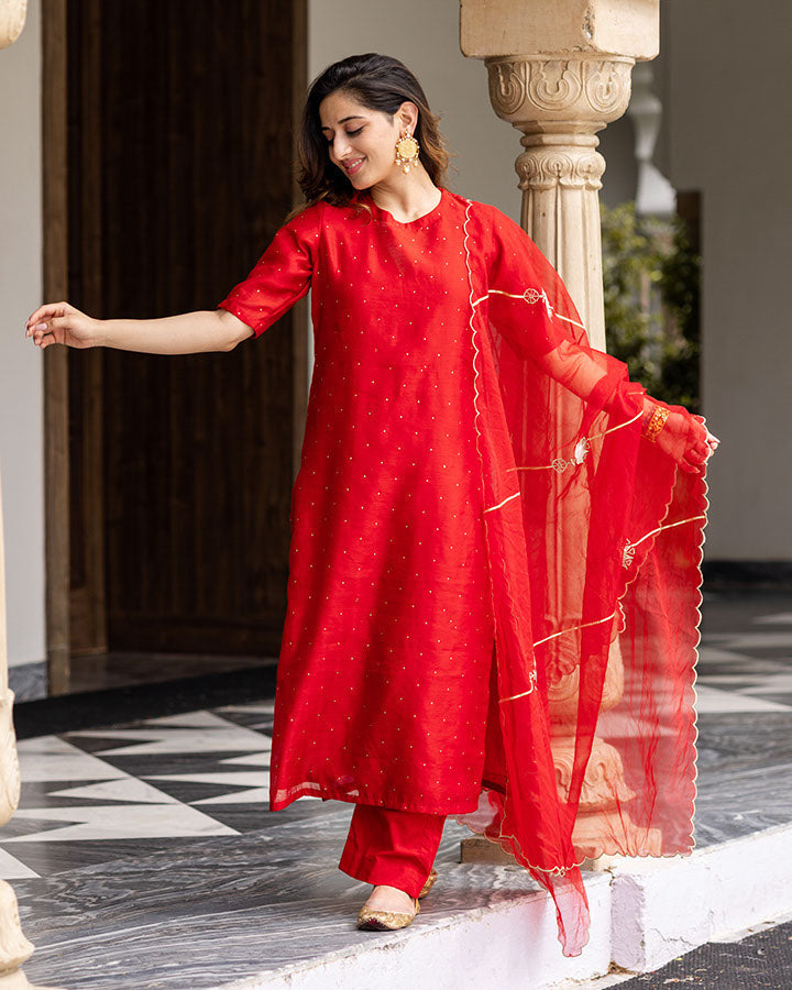 Red Cut Dana And Moti Work Chanderi Silk Suit