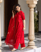 Red Mukaish Chanderi Suit Set