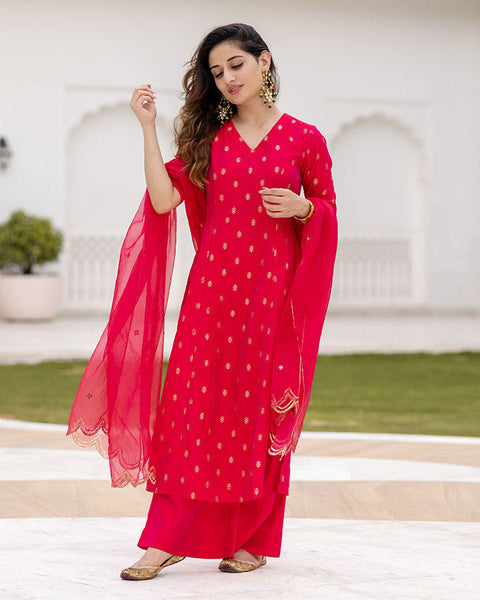 Red Chanderi Silk Embroidered Salwar Suit Material – Rajnandini Fashion