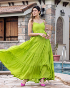 Ambraee Green Mulmul Flared Maxi Dress for Women | Lightweight Summer Dress 