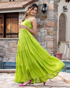 Ambraee Green Mulmul Flared Maxi Dress for Women | Lightweight Summer Dress | Solid Green Long Dress Casual Wear Ambraee Green Mulmul Flared Maxi Dress for Women | Lightweight Summer Dress | Solid Green Long Dress Casual Wear