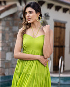 Ambraee Green Mulmul Flared Maxi Dress for Women | Lightweight Summer Dress 