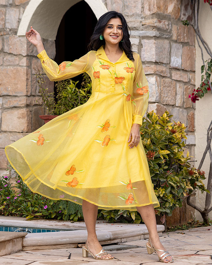 Buy Yellow Handpainted Organza Dress for Women Online in India Ambraee