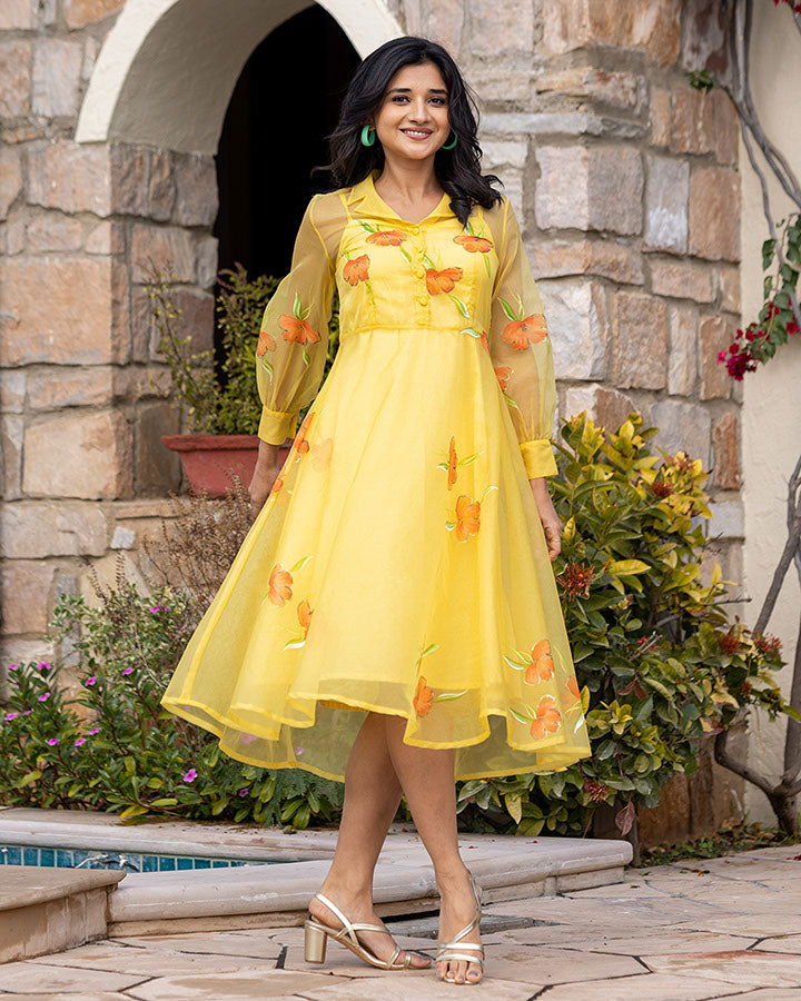 organza fabric dress Buy Yellow Handpainted Organza Dress for Women Online in India – Ambraee