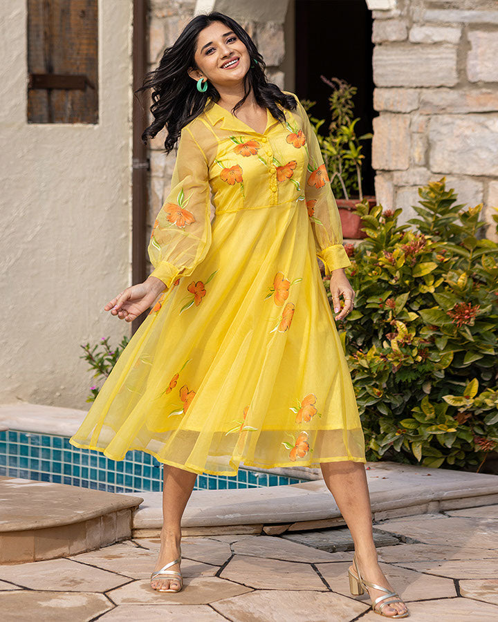Yellow Handpainted Organza Dress - Main Image