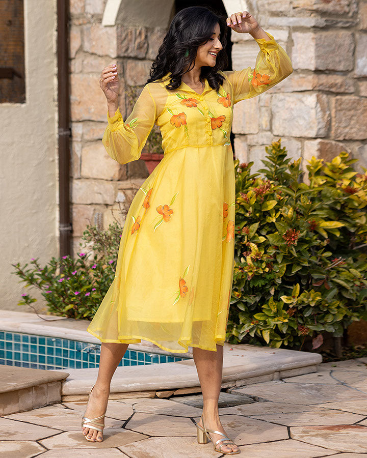 Yellow Handpainted Organza Dress