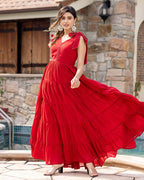 Ambraee Ruby Red Mulmul Maxi Dress for Women | V-Neck Fit Flare Tiered Dress Hand Embroidery | Flared Long Dress Women Ambraee Ruby Red Mulmul Maxi Dress for Women | V-Neck Fit Flare Tiered Dress Hand Embroidery | Flared Long Dress Women