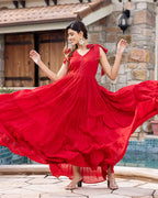 Ambraee Ruby Red Mulmul Maxi Dress for Women | V-Neck Fit Flare Tiered Dress Hand Embroidery | Flared Long Dress Women Ambraee Ruby Red Mulmul Maxi Dress for Women | V-Neck Fit Flare Tiered Dress Hand Embroidery | Flared Long Dress Women