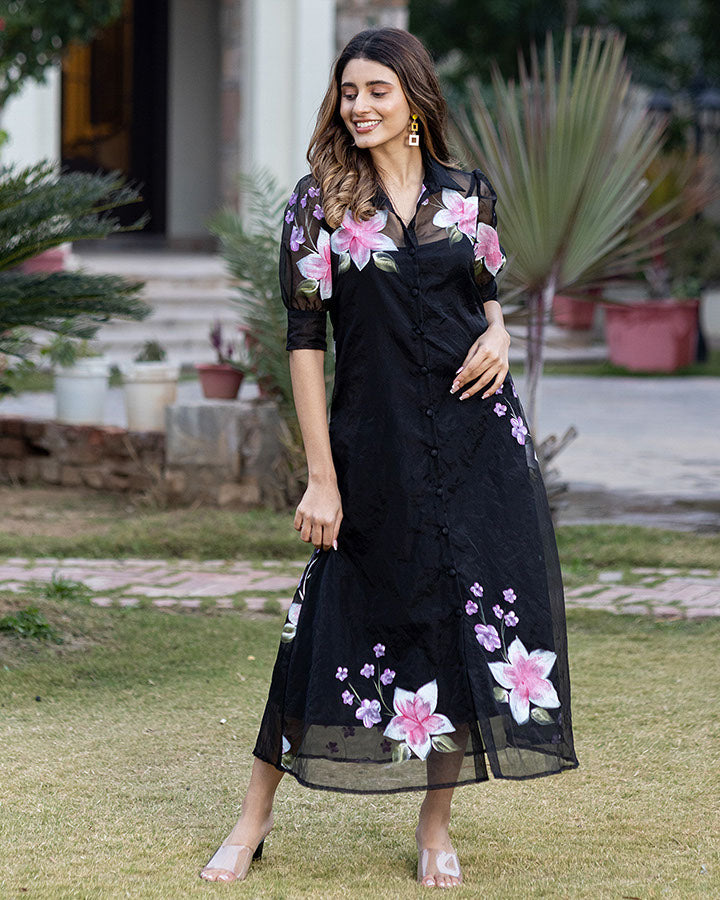 BLACK ORGANZA SHIRT DRESS