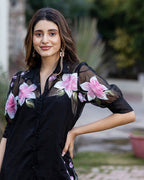 BLACK ORGANZA SHIRT DRESS