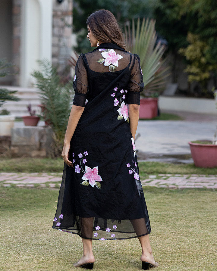 BLACK ORGANZA SHIRT DRESS