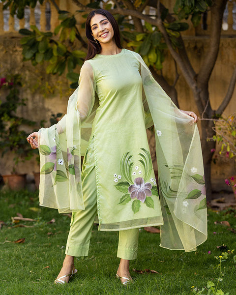 Buy Aarohi Mint Green Handpainted Suit Set Online In India