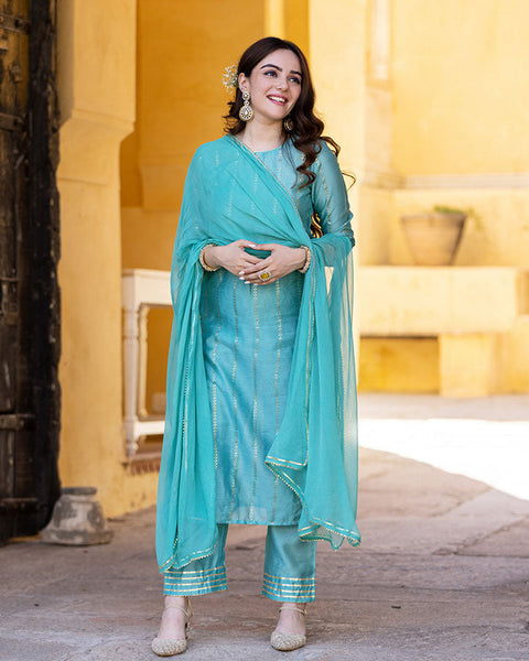 Classy Chanderi Sea Green Embroidered Pant Style Suit -