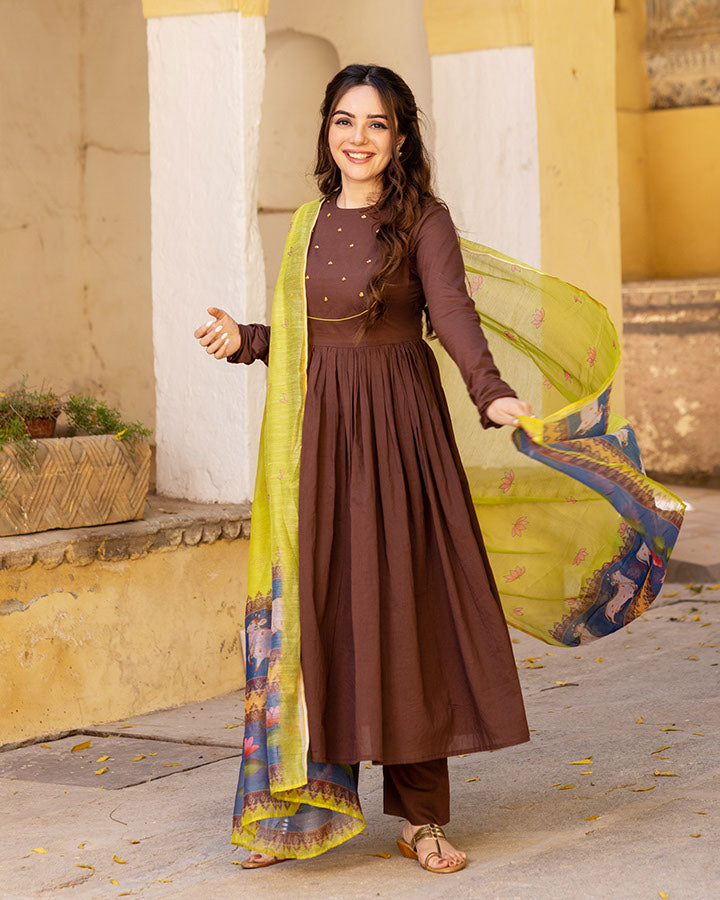 Brown Kalamkari Chhap Suit Set