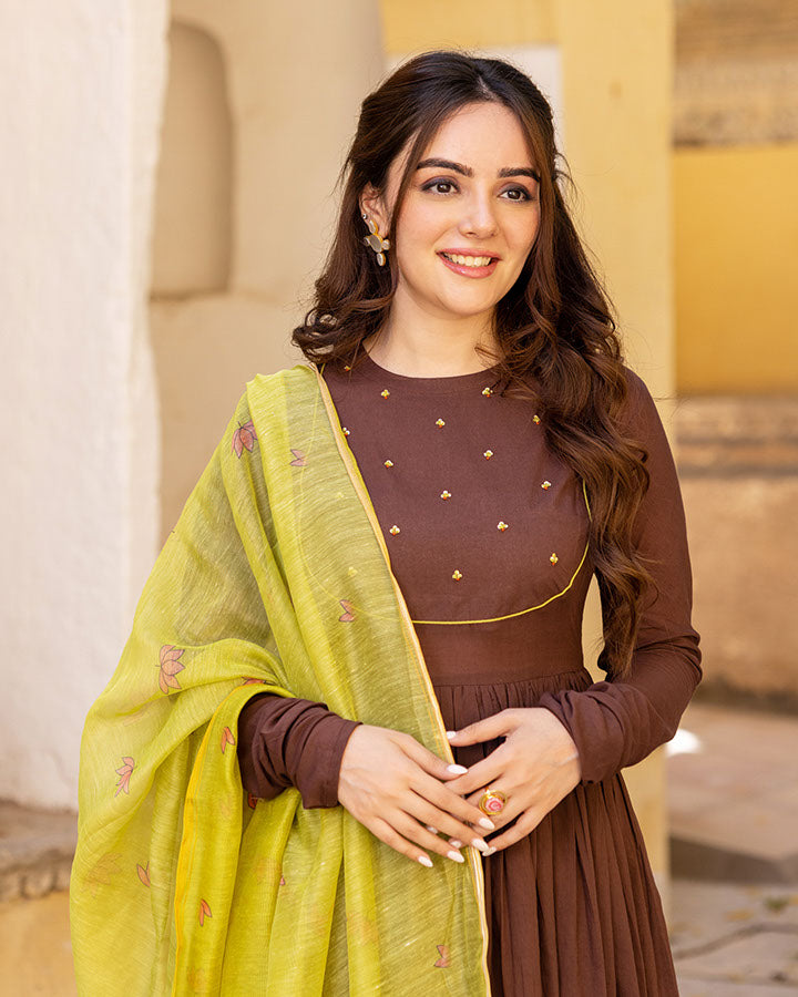 Brown Kalamkari Chhap Suit Set