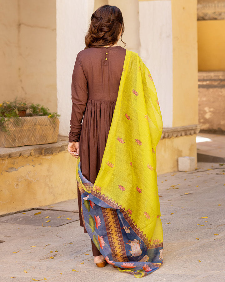 Brown Kalamkari Chhap Suit Set
