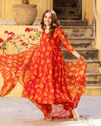 Red Floral Chiffon Suit Set
