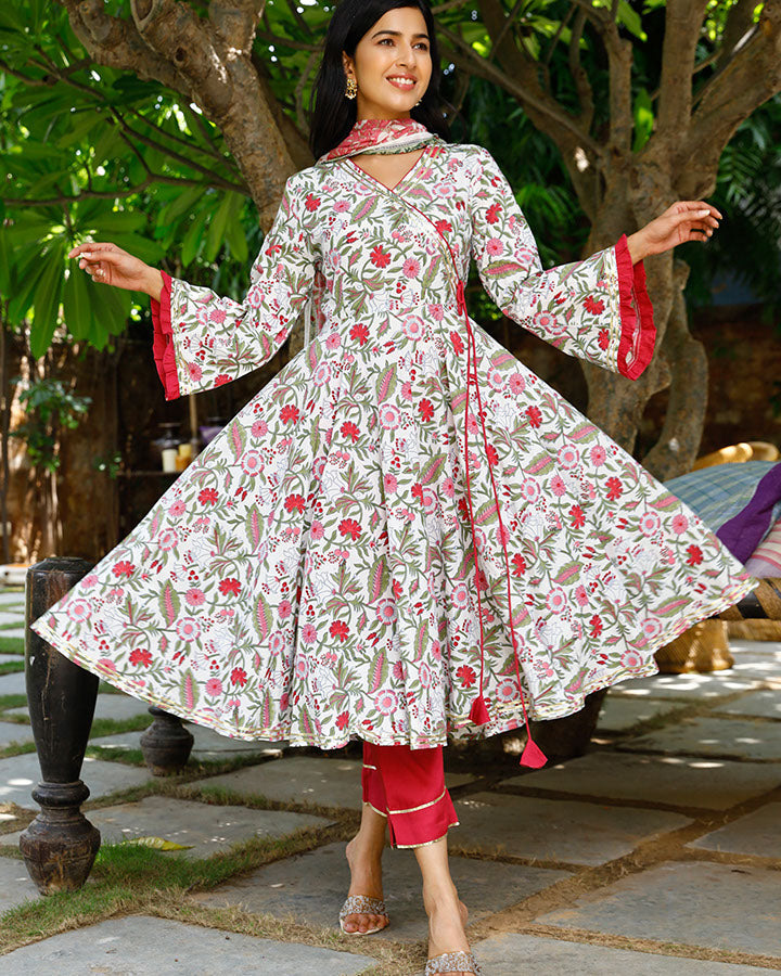 Printed Pure Chanderi Silk Angrakha Anarkali Suit in Red : KBP1278