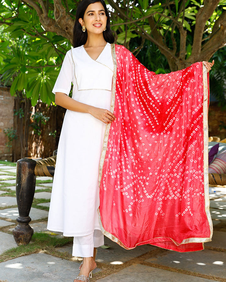 White Kurta With Pink Dupatta