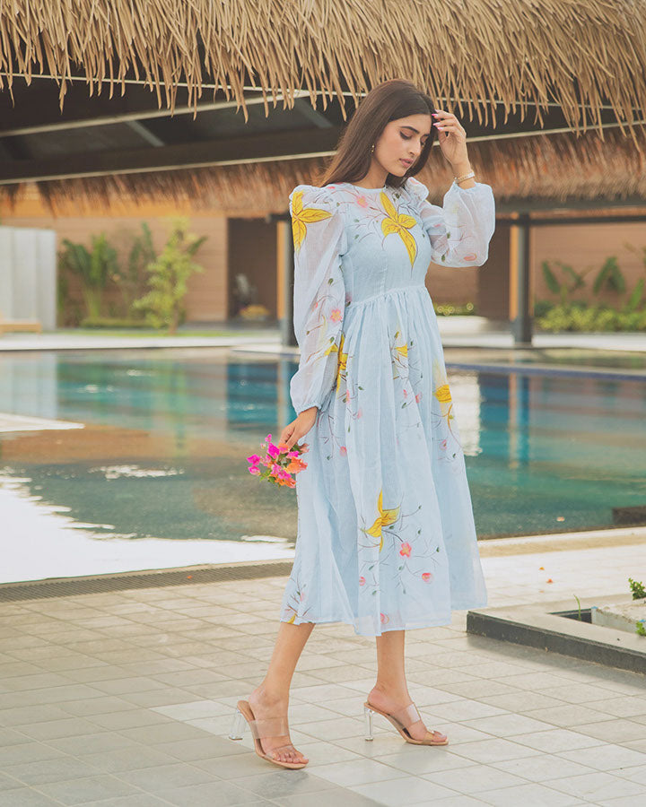 Blue Lilies Handpainted Doria Dress